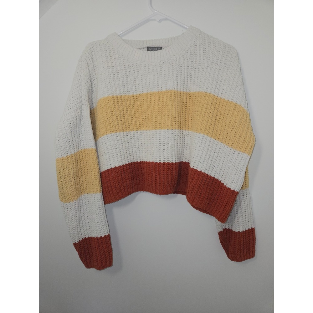 Cupcake Clothing Ltd Chenille Cropped Sweater Striped Colorblock Orange Yellow S